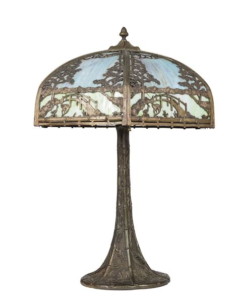 Slag Glass, Bronzed Metal Scenic Overlay Lamp